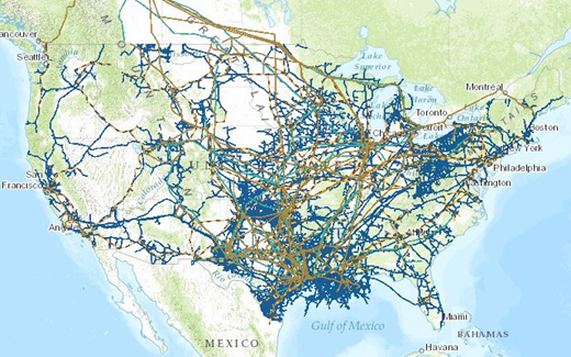 Figure 1. View of US pipeline network. Note: Only crude, petroleum product, natural gas, and hydrocarbon gas liquids shown.